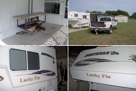 Towing rig, camper, deck Stairs fold up and stay right where they are.