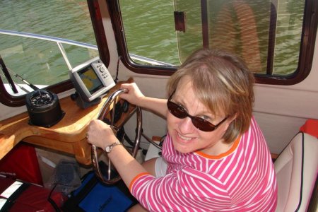 First Mate Karen at the helm