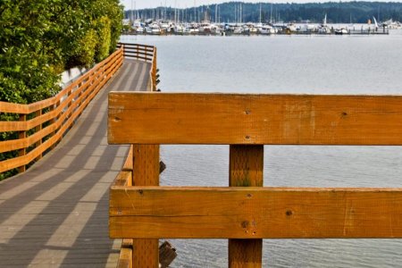 Waterfront boardwalk trail along Liberty Bay in Poulsbo, WA