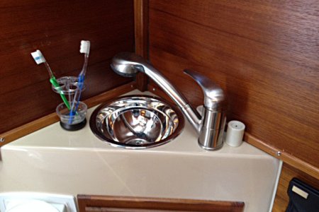 Showerhead with shut-off, toothbrush holder