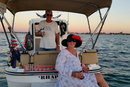 Mary and me enjoying summer sunset off Rockingham Beach 2017