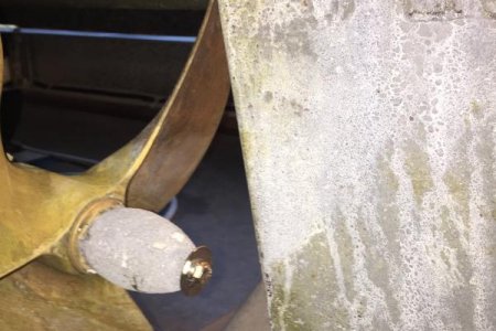 Port side of rudder, no cavitation errosion. Prop zinc is about 50% gone but stayed attached all season - yay!