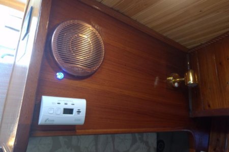 Copper painted speaker cover, brass reading light, 10 yr. Co2 detector