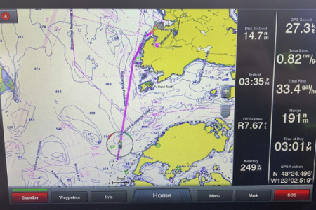 Glorious Day screen shot heading for Victoria BC across the bottom of San Juan Island 2019