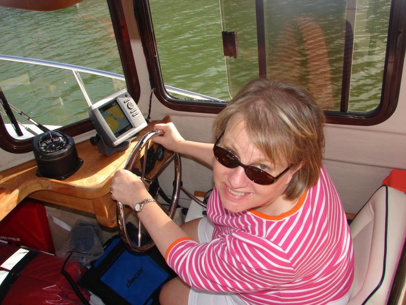First Mate Karen at the helm