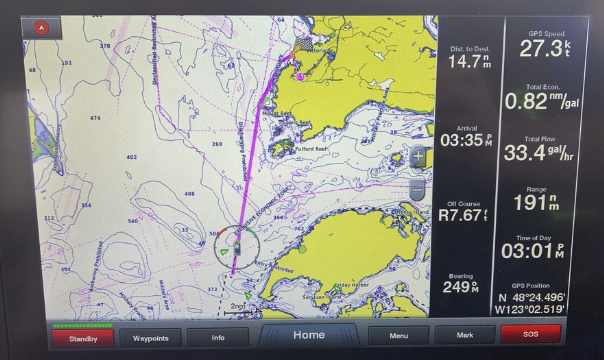 Glorious Day screen shot heading for Victoria BC across the bottom of San Juan Island 2019