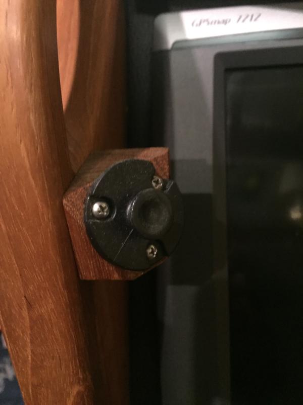 Made a custom angled mount block out of teak to hold the handset at optimum angle for viewing.