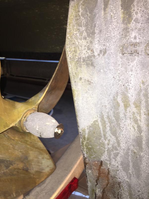 Port side of rudder, no cavitation errosion. Prop zinc is about 50% gone but stayed attached all season - yay!