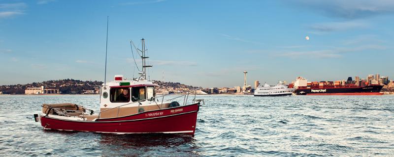 Red Ranger in front of Seattle landscape