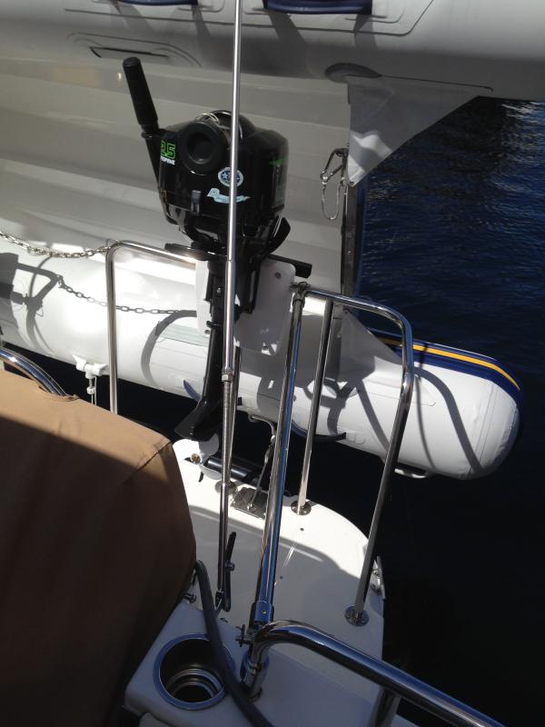 Same SS shaft and fittings were used to brace patio railing where dinghy outboard is stored. End caps were welded on shaft ends.