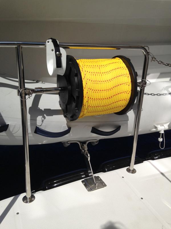 Shore tie spool mounted on "patio railing."